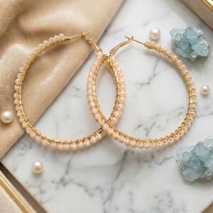 Gold Hoop Earrings with Champagne Pearl Beads - Women Jewelry